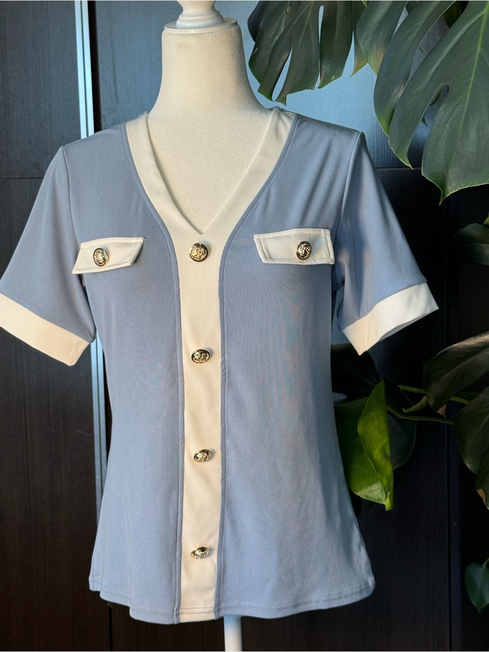 Grace Karin Light Blue and Cream Short Sleeve Button Front Blouse